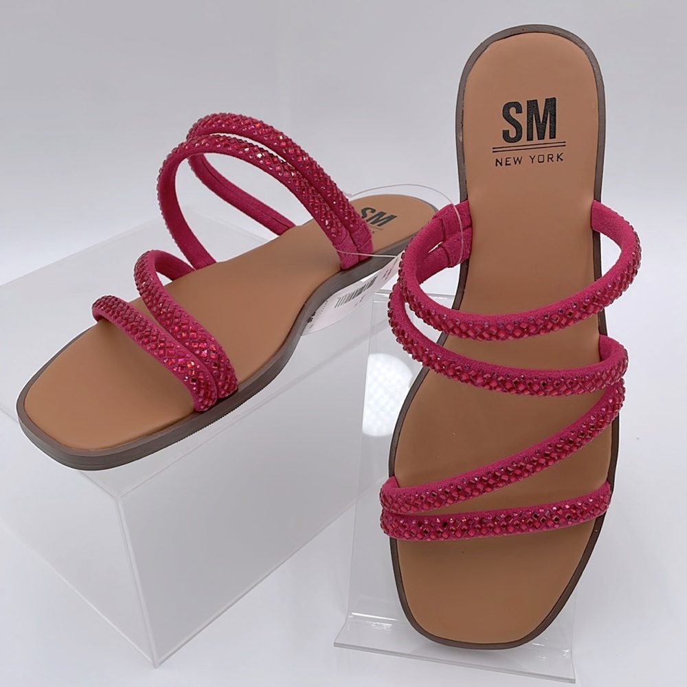 SM New York Camila Pink‎ Rhinestones Slide On Straps Sandals Flats NWT